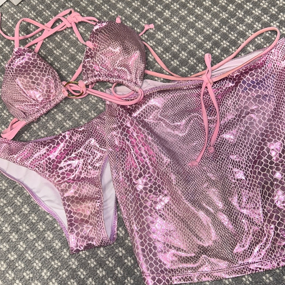 Festival wear/ bikini pink snake skin 3 piece set